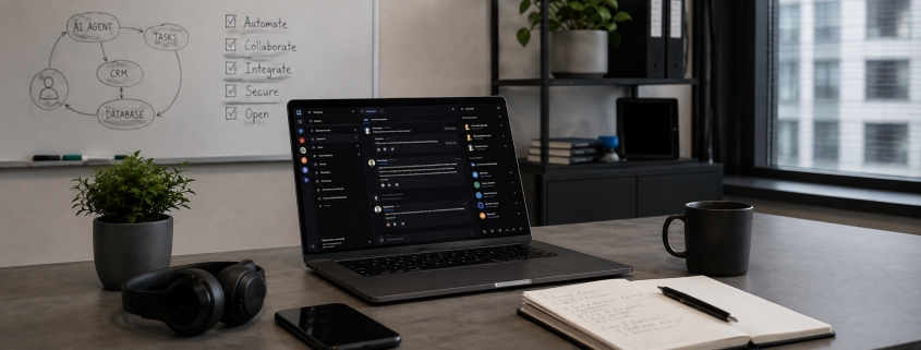 Modern irodai munkaállomás laptopos csapatkommunikációs felülettel és AI-ügynökök integrációját szemléltető táblával.
