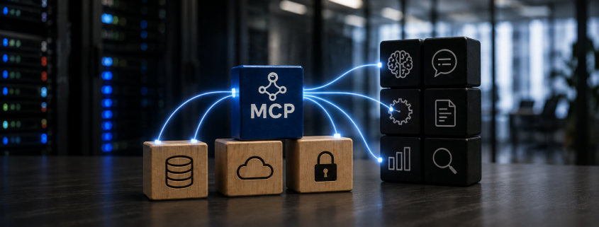 MCP-kocka kapcsolódik adat-, felhő-, biztonsági és AI-funkciókat jelképező elemekhez modern technológiai környezetben.