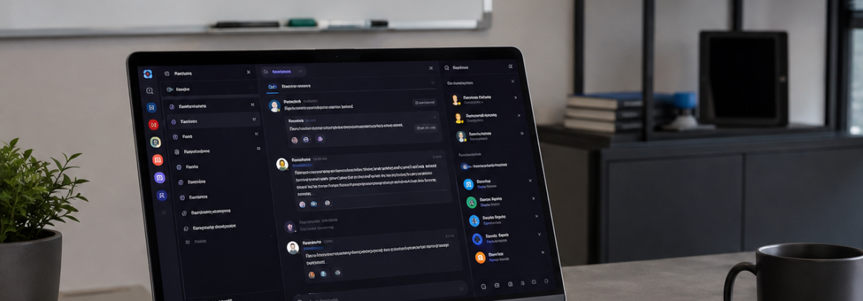 Modern irodai munkaállomás laptopos csapatkommunikációs felülettel és AI-ügynökök integrációját szemléltető táblával.
