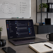 Modern irodai munkaállomás laptopos csapatkommunikációs felülettel és AI-ügynökök integrációját szemléltető táblával.
