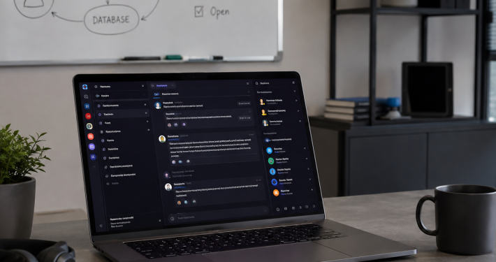 Modern irodai munkaállomás laptopos csapatkommunikációs felülettel és AI-ügynökök integrációját szemléltető táblával.