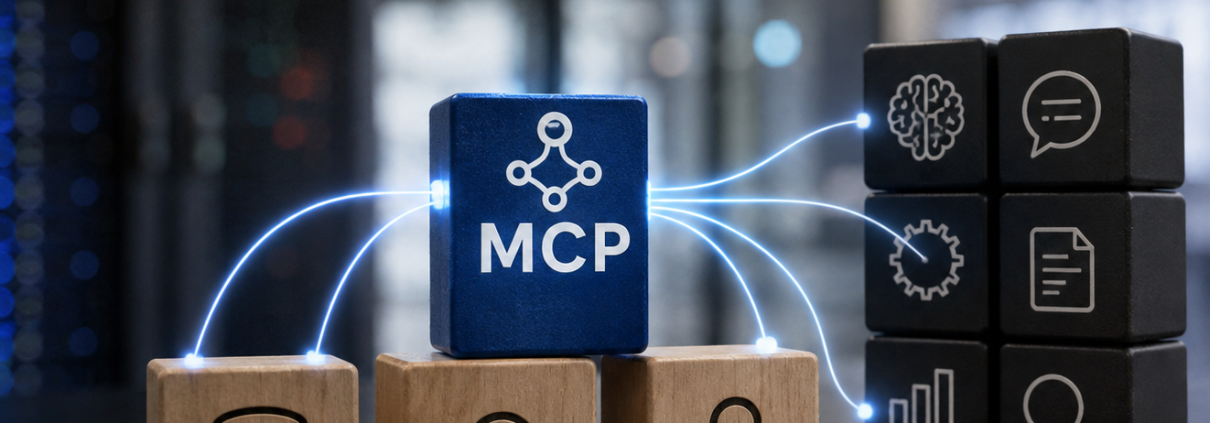 MCP-kocka kapcsolódik adat-, felhő-, biztonsági és AI-funkciókat jelképező elemekhez modern technológiai környezetben.