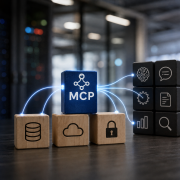 MCP-kocka kapcsolódik adat-, felhő-, biztonsági és AI-funkciókat jelképező elemekhez modern technológiai környezetben.