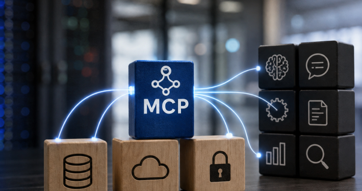 MCP-kocka kapcsolódik adat-, felhő-, biztonsági és AI-funkciókat jelképező elemekhez modern technológiai környezetben.